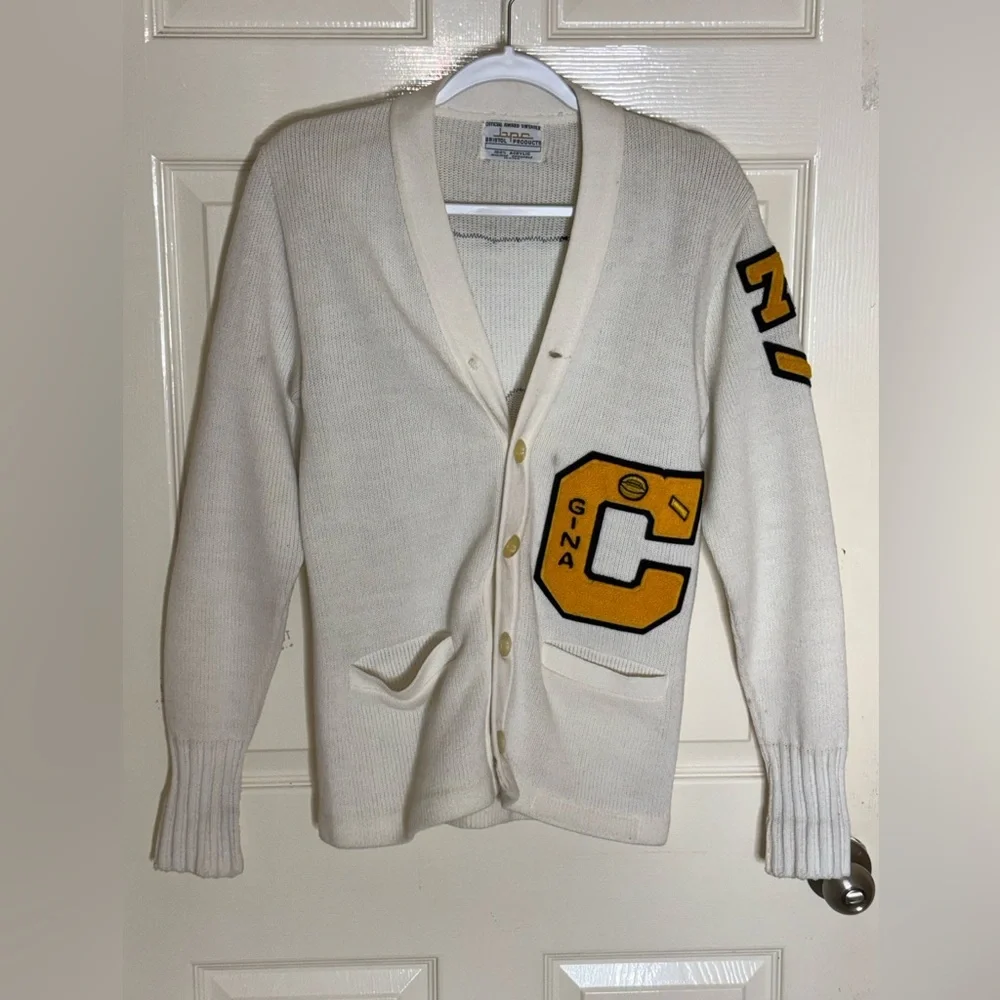 Vintage Late 60s - 70s Sand Knit Letter C Knit Letterman Cardigan Sweater Small​ - Picture 8 of 9